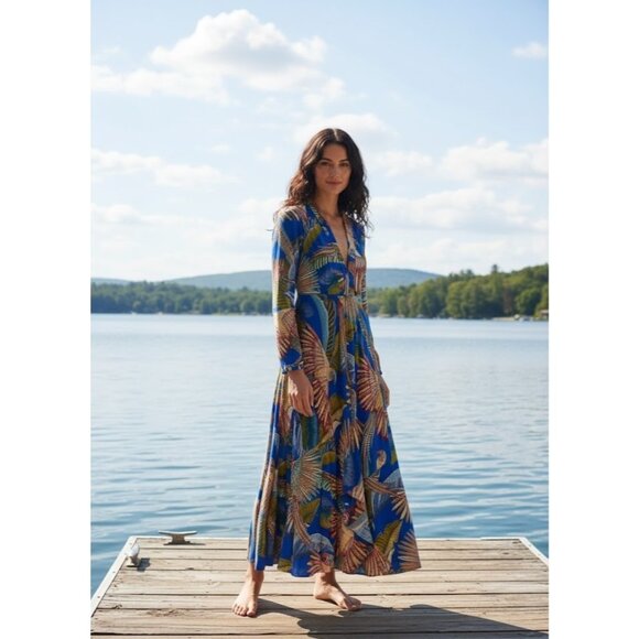 NWT FARM Rio Macaw Flight Maxi in Blue Plunging V-neck Long Sleeve Dress L  $220